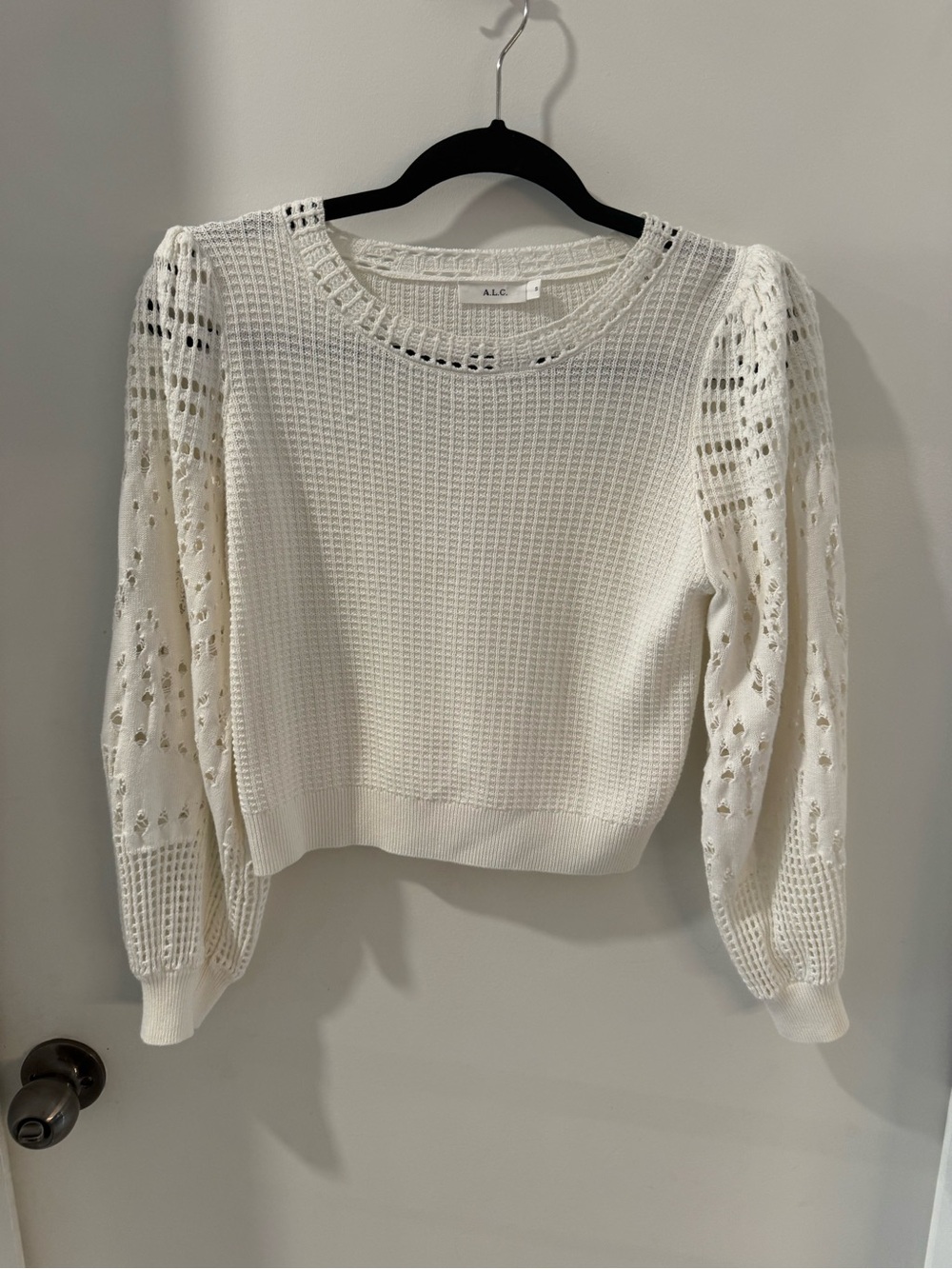 A.L.C. Ivory Open-Knit Puff Sleeve Crewneck Sweater